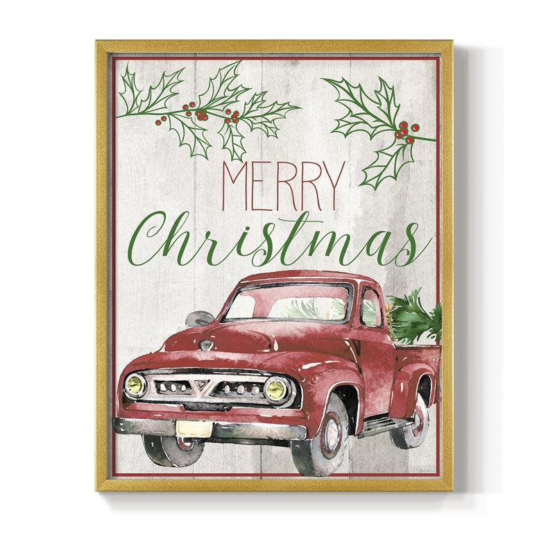 Merry Christmas - camion rouge, reproduction encadrée - bois massif, H 21 po x l 17 po, Doré
