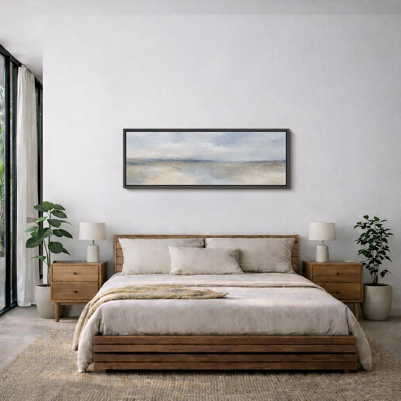 Soft Blue Beige Abstract Sky Landscape Artwork, Minimalist Living Room Pictures, Framed Canvas Giclee Print Wall Art