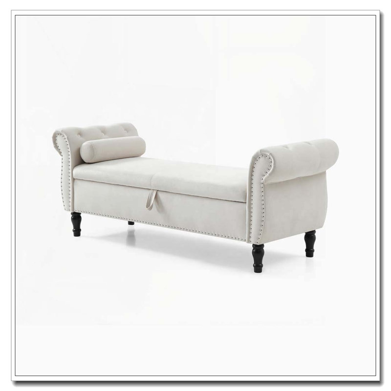 Banc de rangement en velours avec capitonnage à boutons et accoudoirs roulés, Beige