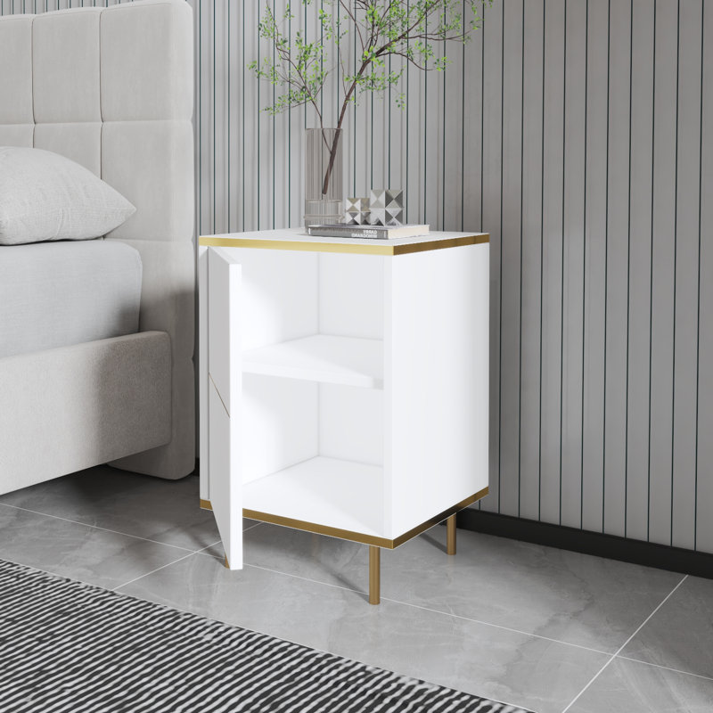 Tazeem 40cm W Manufactured Wood Bedside Table, White/Gold