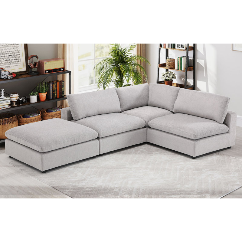 Canapé modulaire rembourré avec repose-pieds 4 pièces Nuccio, Gris clair