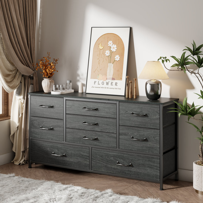 Commode 9 tiroirs en tissu avec plateau en bois, commode de rangement, Chêne noir