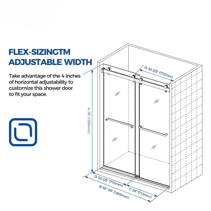 Porte de douche sans cadre à porte coulissante double l 59 po x H 76 po, Noir
