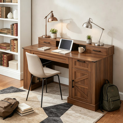 55 Inch Computer Desk with Charging Station and Keyboard & Monitor Hutch, Student Study Desk with Storage Drawers and Storage Cabinet Cabinet for Home Office, Dark Walnut
