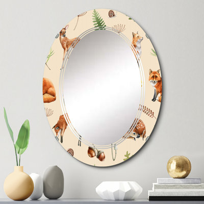 Renard et cerf avec herbes, fougère et champignons - Miroir mural à motif ovale