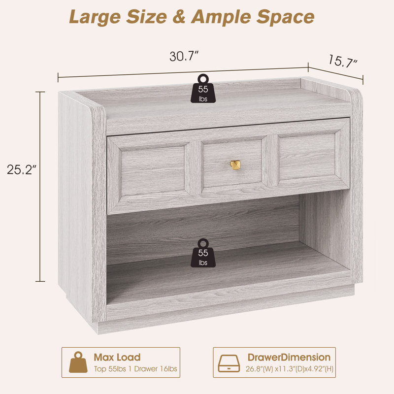 Nightstands with Drawer Storage, 26"/31" Wide Large Night Stand Farmhouse Bed Side Table with Round Corners for Bedroom, Grey White Oak