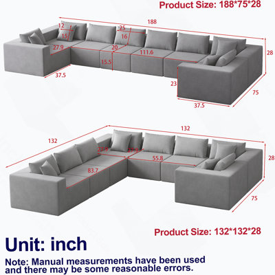 188-Inch Corduroy  Modular L Shaped Sectional Sofa,Luxury Floor Couch Set,Upholstered Indoor Furniture,Foam-Filled Compressed Sofa For Living Room,Bedroom,8 PC Free Combination