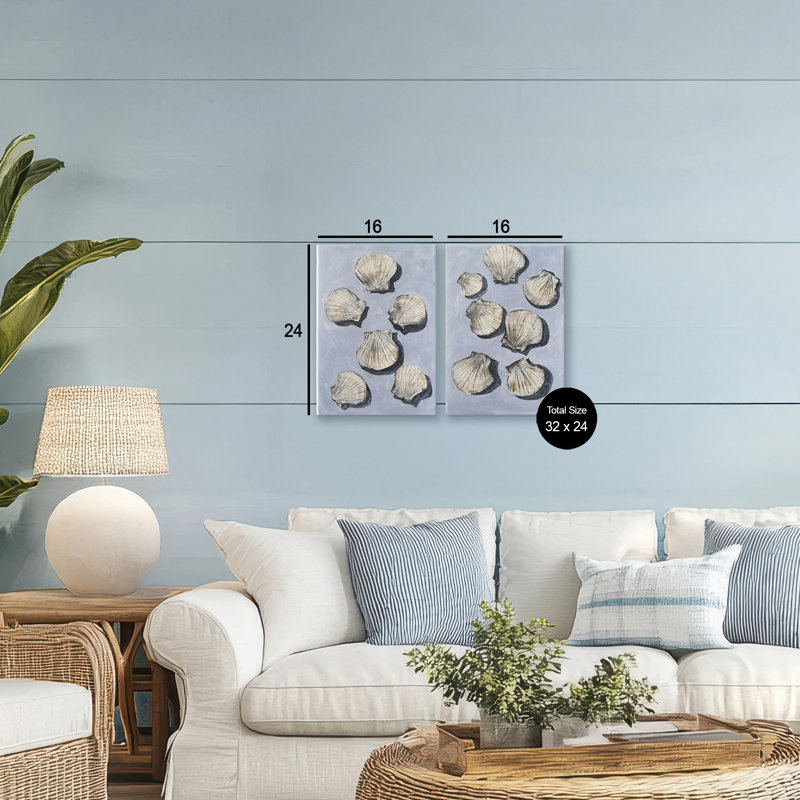 Ensemble de 2 toiles de coquillages embellis, conception par Michael Willett, H 24 po x l 16 po