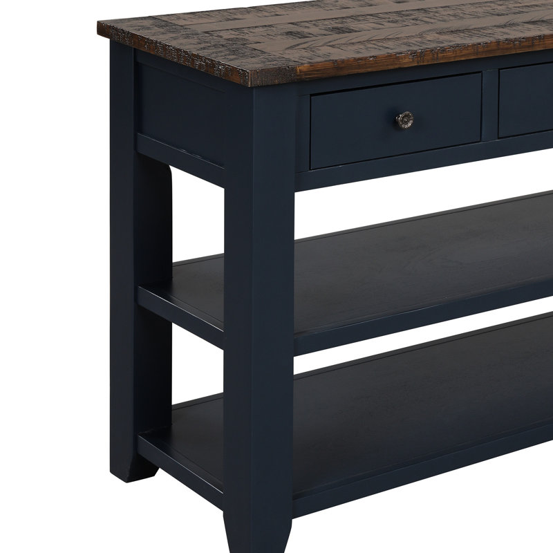 Console en bois de pin massif 48 po, table d'appoint moderne avec 3 tiroirs de rangement et 2 tablettes. Facile à assembler (bleu marine + plateau brun (ancien SKU: W120246667