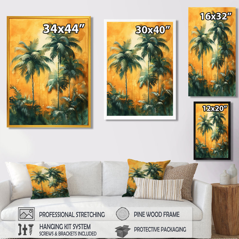 «Green Orange Palm Trees Swaying I - Palmiers et palmiers», art mural, Cadre simple blanc, H 12 po x l 20 po