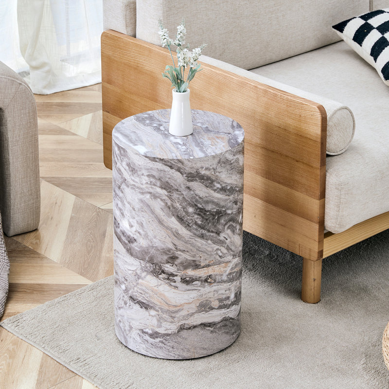 Table basse cylindrique simple texturée en marbre gris, diamètre de 12 pouces, hauteur de 19,7 pouces, matériau en bois aggloméré pour les salons de style industriel