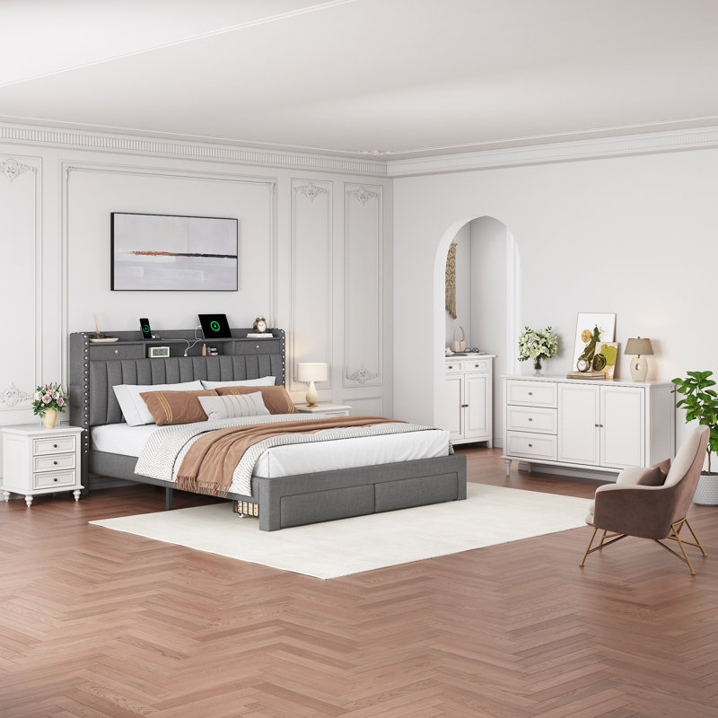 Lit plateforme double entièrement recouvert de lin gris, avec 4 tiroirs, tête de lit ouverte avec rangement, station de charge USB et Type-C intégrée, sommier non requis, montage facile en 30 minutes.
