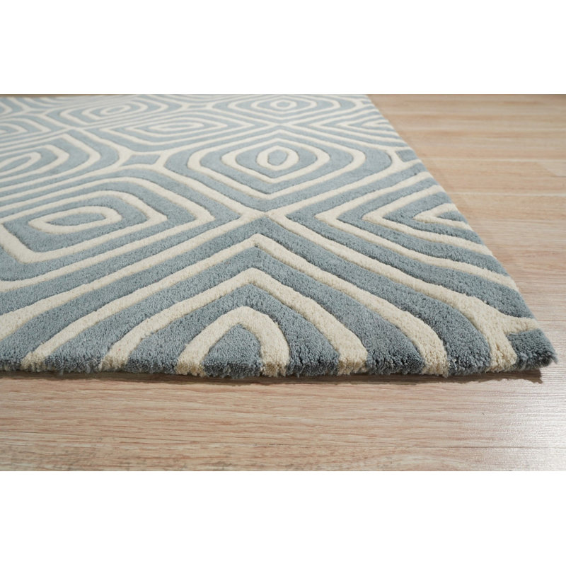 Hand Tufted Wool Geometric Area Rug in Blue, 5' x 8'