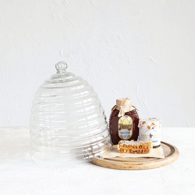 Reclaimed Etched Glass Beehive Shaped Cloche With Mango Wood Base