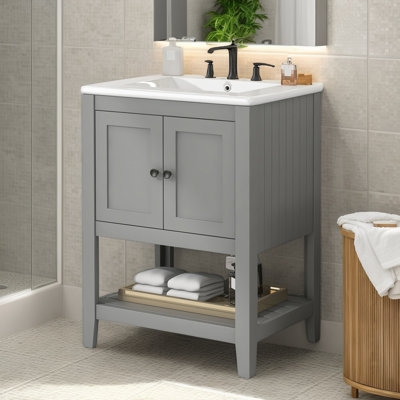 Meuble-lavabo élégant et moderne avec lavabo en céramique et structure en bois massif - rangement spacieux avec tablette ouverte