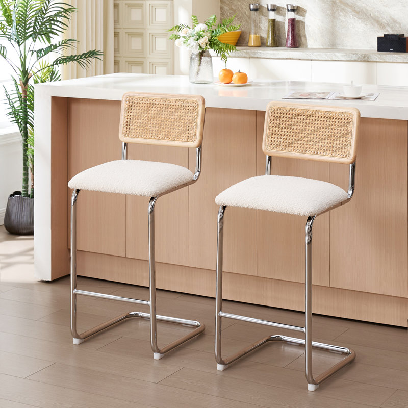 Marlow Upholstered Boucle Counter & Bar Stool with Cane Rattan Back, White/Chrome, Counter Stool (25.4" Seat Height), 2