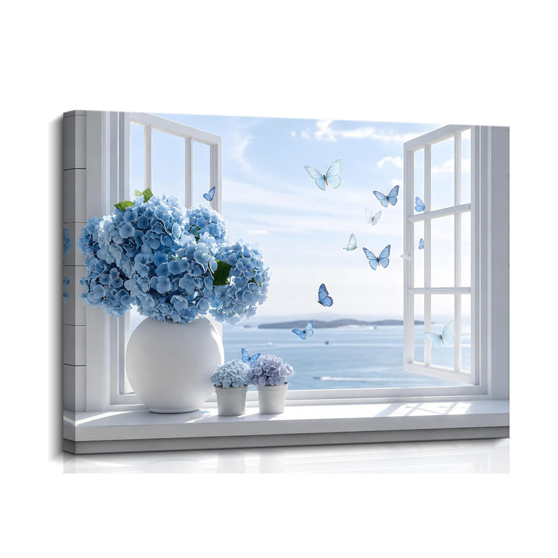 Coastal Bathroom Canvas Wall Art Blue Hydrangea Floral Vase Butterfly Open Window Beach Seascape Wall Decor Poster Print Artwork for Living Room Bedroom Bathroom Home Decor