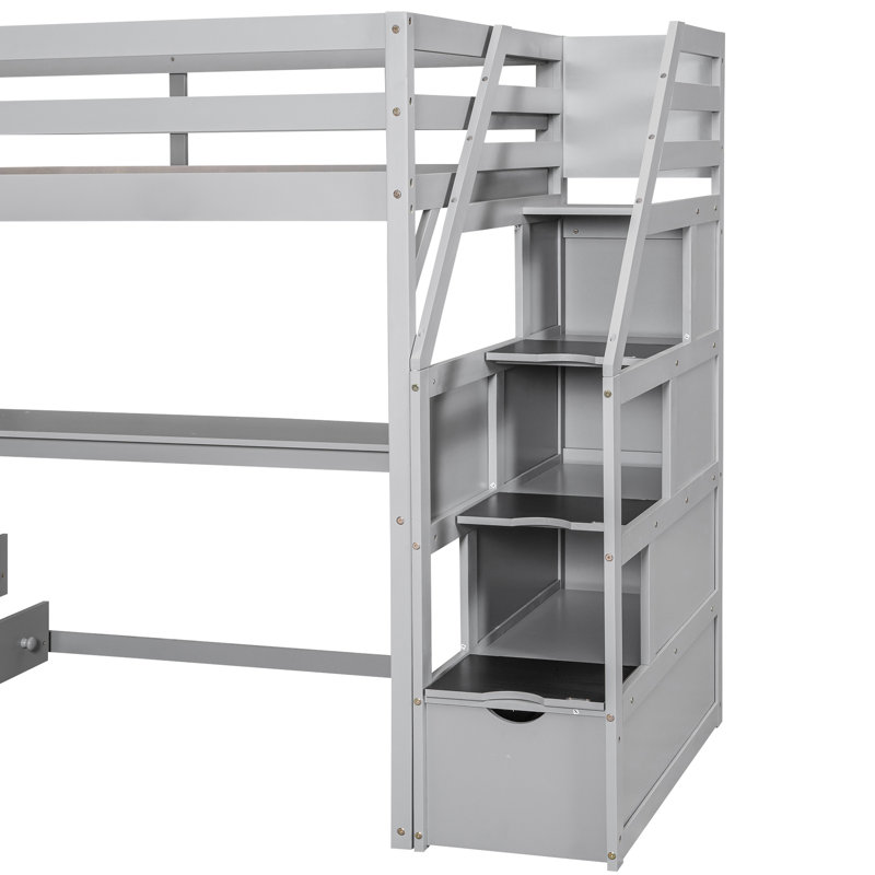 Gray Twin Size Loft Bed With Desk, Shelves, And Drawer Storage Practical Design, Gray, Twin
