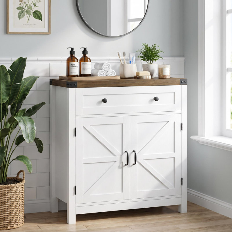 Rhodell Freestanding Bathroom Cabinet, White/Brown