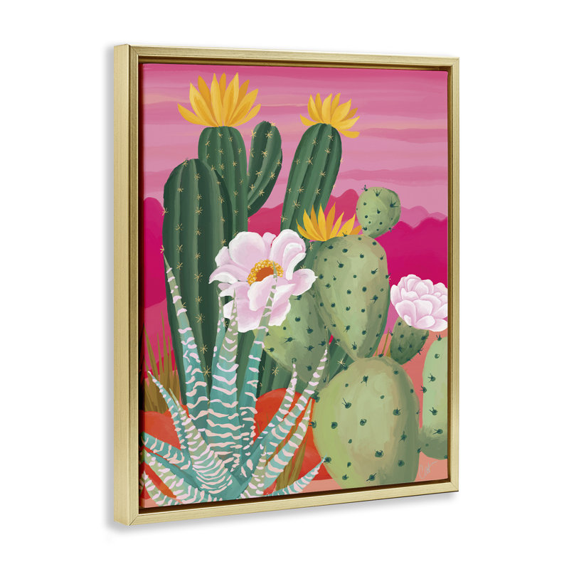 Cadre flottant Sunset Cactus Plants, design par Cat Thurman Designs, H 31 po x l 25 po, Cadre flottant métallique doré