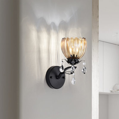 Black Finish Wall Sconce With Crystal Flower Shade And Teardrop Pendants