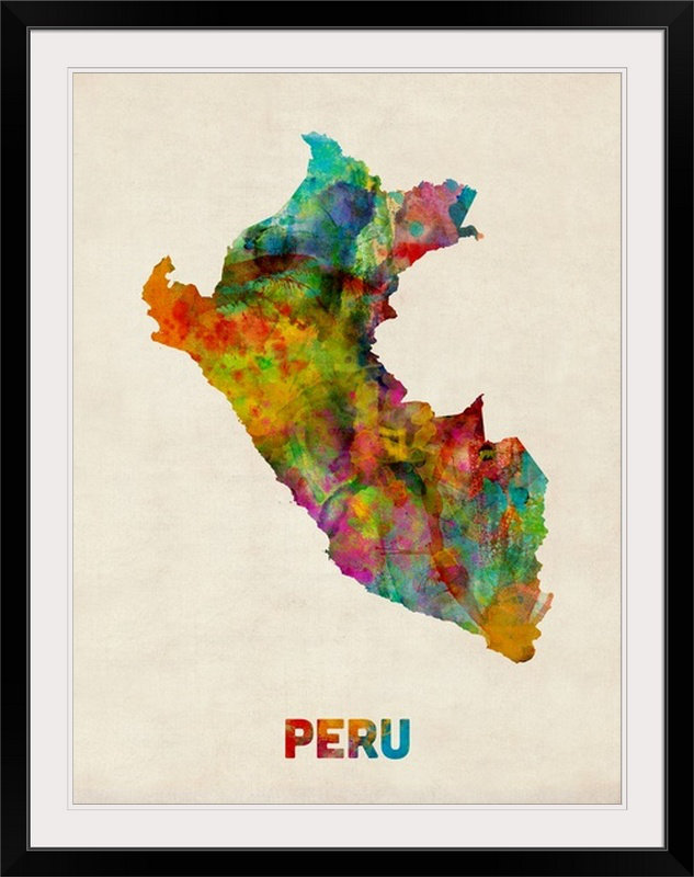 Francy, «Pérou Watercolor Map» par Abarca, impression, Cadre noir, l 44 po x P 35 po x H 1 po