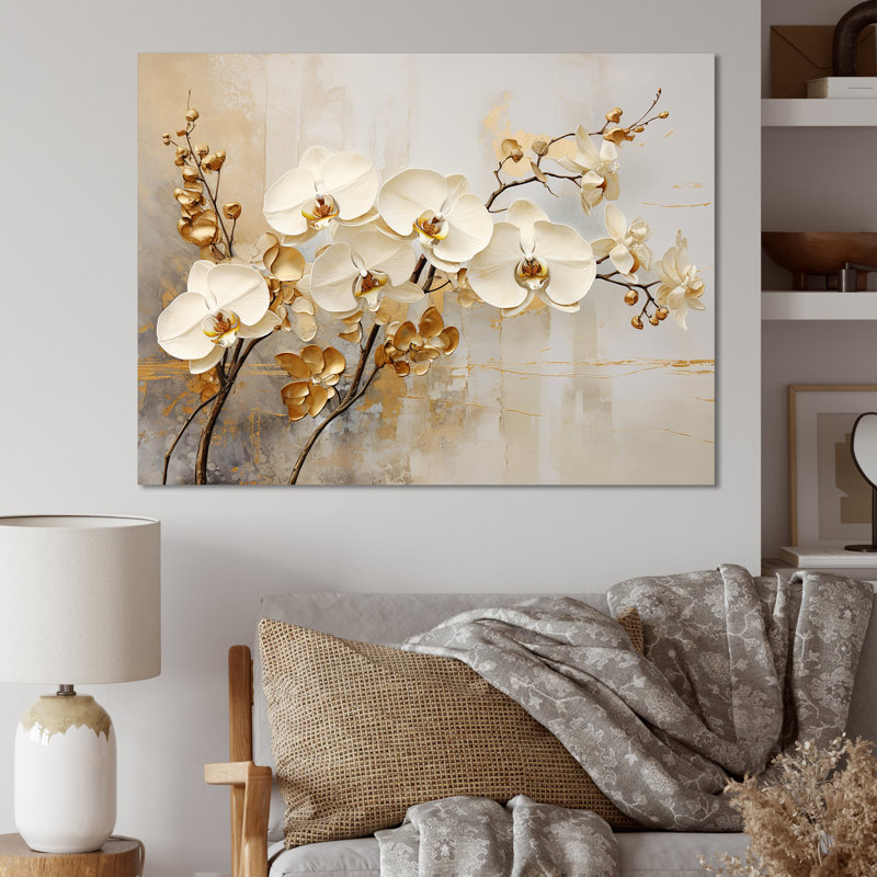 Minimalisme beige et orchidées dorées - impressions sur toile orchidées, H 34 po x l 44 po, Toile tendue, Sans cadre