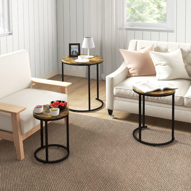 Nesting Tables Set of 3, Stackable Round Coffee Tables, Rustic Brown
