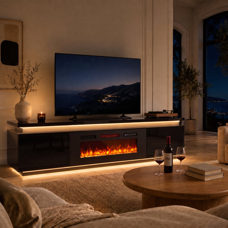 Meuble télé à DEL avec foyer électrique intégré (compatible avec les téléviseurs jusqu'à 90 pouces), console télé avec 4 prises secteur pour salon, noir