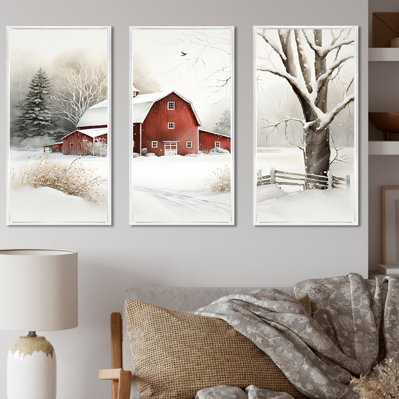 «Red Barn Scenery In Winter IV», ensemble d'art mural sur toile, Cadre flottant blanc, H 32 po x l 48 po