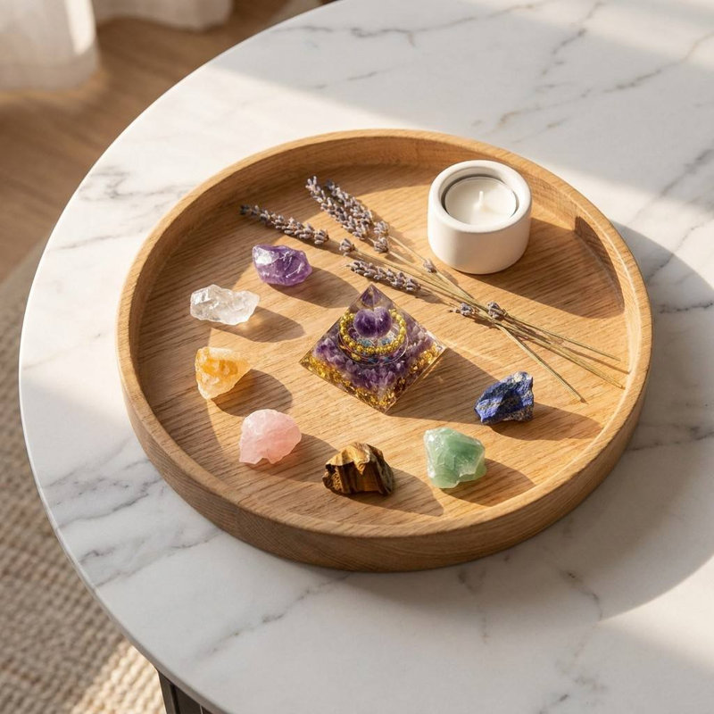  1.97" Amethyst Orgonite Pyramid with 7-Piece Chakra Raw Crystal Stone Set - Handcrafted Resin Pyramid Tabletop Decor & Home Office Accent Sculpture