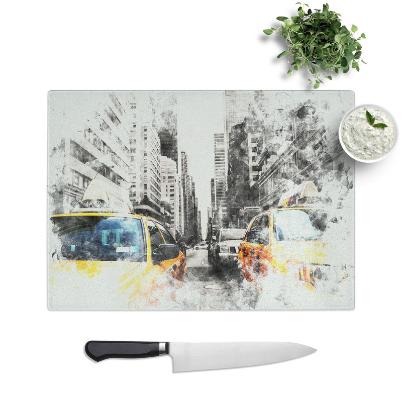 Tempered Glass Two Taxi Cabs in New York Watercolour Chopping Board, 28.5 cm x 39 cm