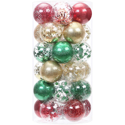 Ensemble de boules de Noël en plastique transparent incassable de 60 mm / 2,36 po, boules de Noël transparentes suspendues avec décorations délicates en peluche (30 pièces, or, rouge, vert)