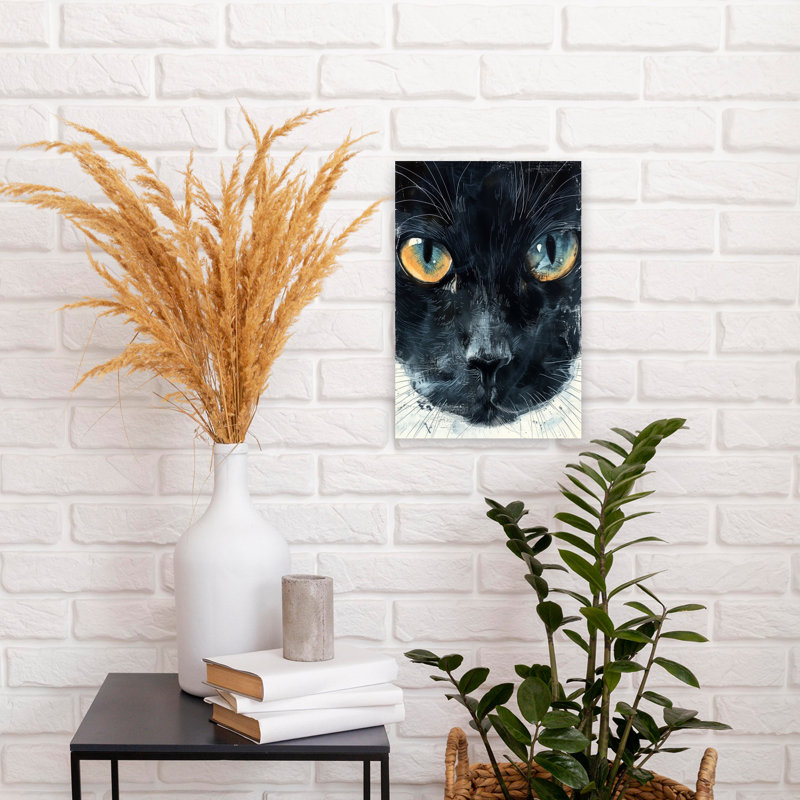 Chat noir captivant, art mural contemporain, H 18 po x l 12 po