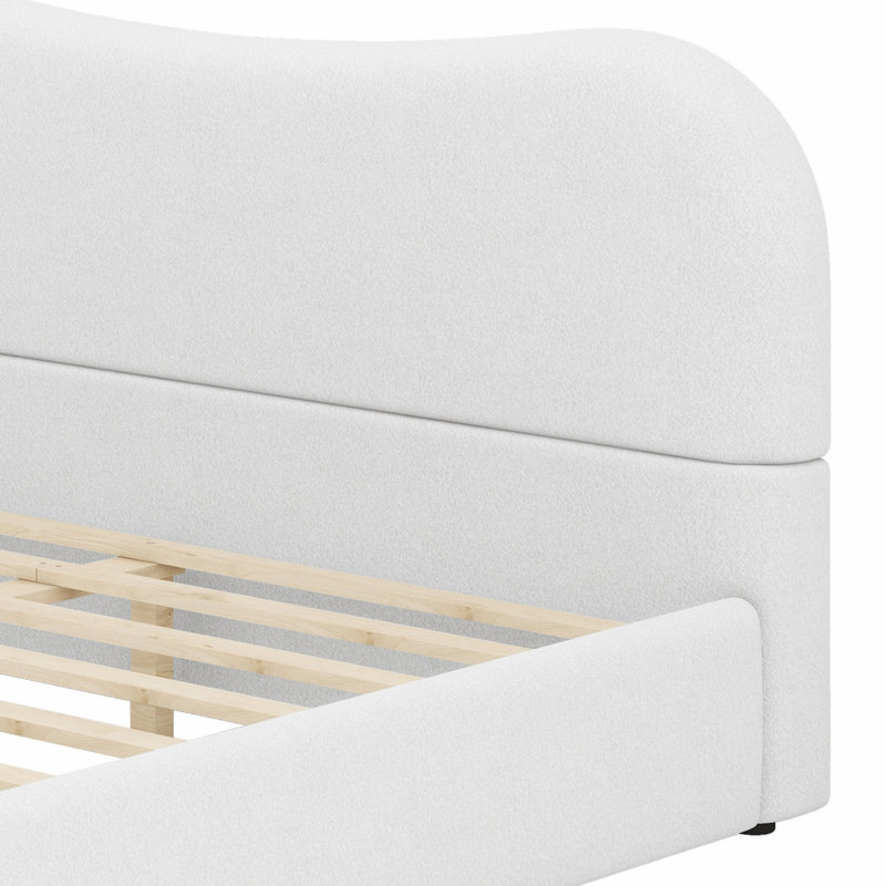 Lit plateforme tapissier à profil bas avec pieds en bois, Blanc, Grand lit