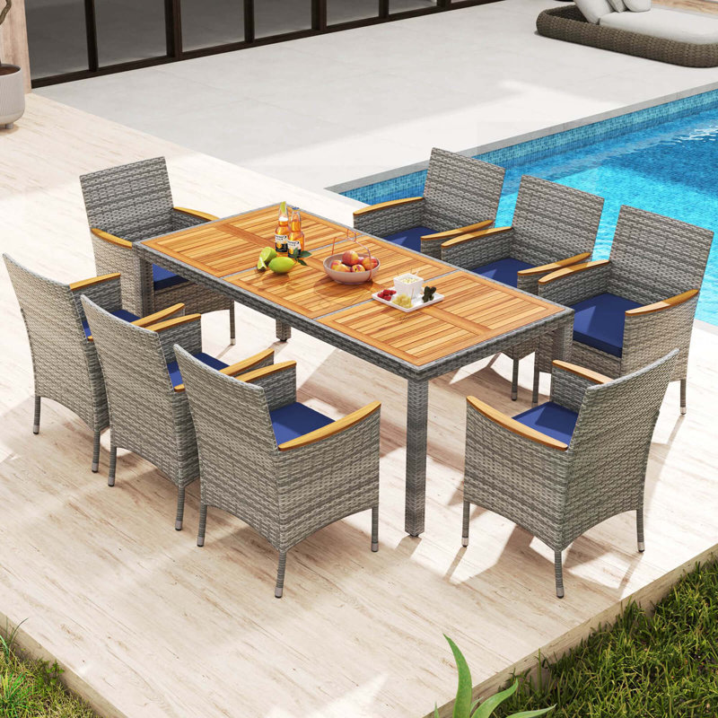 Ensemble de salle à manger 9 pièces pour 8 chaises de table et en rotin avec trou pour parasol 2 po bleu marine 9 pièces