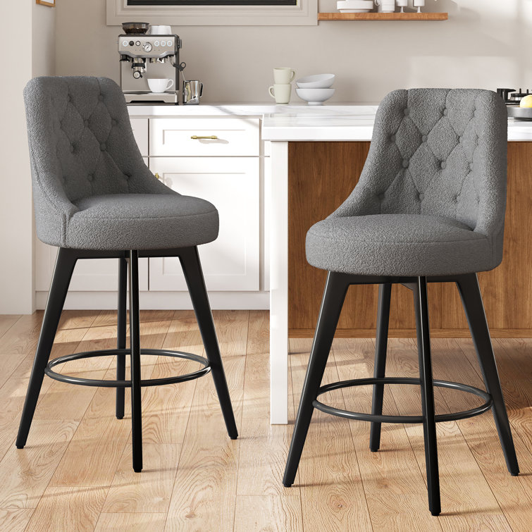 Trudith 360° Swivel Bar Stools with Button Tufting Backs & Wood Legs