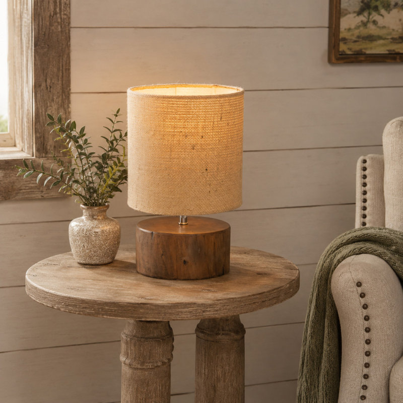 Wood Table Lamp with Shade, Brown Natural Jute