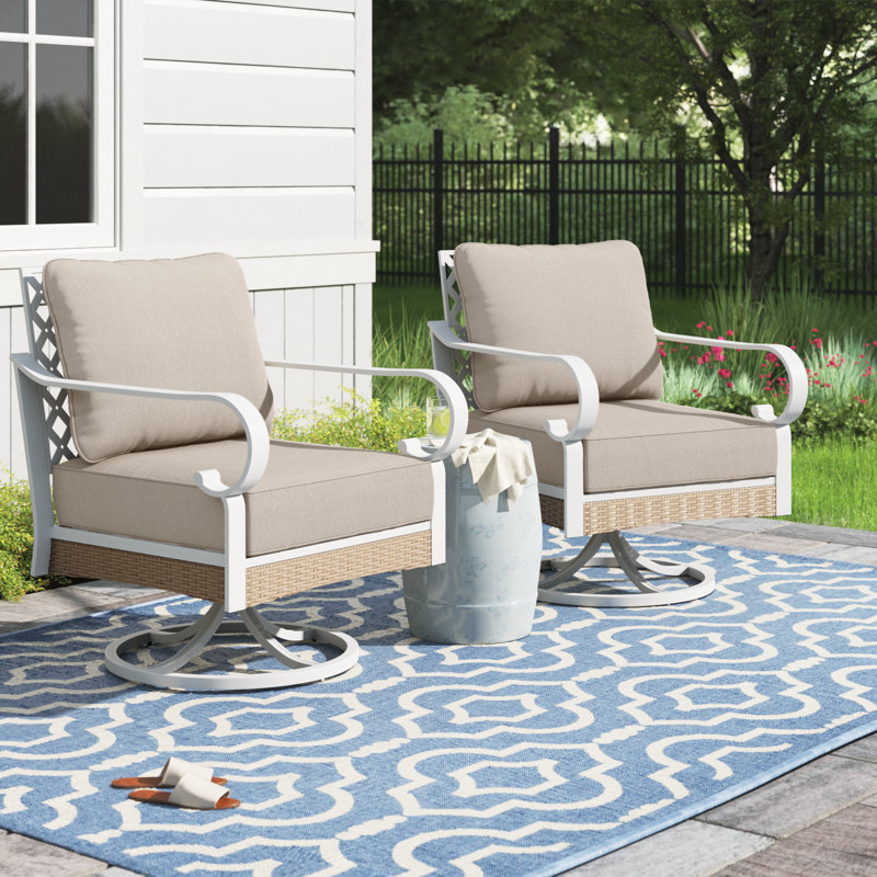 Swivel Outdoor Patio Lounge Chair, Beige Cushion/White Frame
