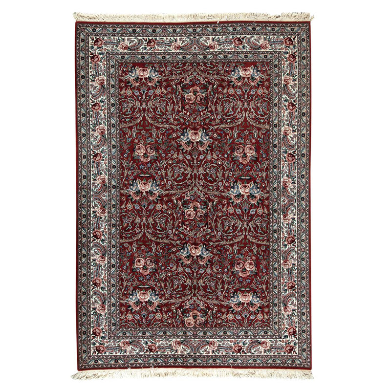 Tapis en laine noué à la main de conception unique 6 pi x 9 pi ivoire / rouge / vert