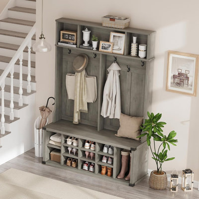 Très grand arbre d'entrée 51 "avec banc et rangement pour chaussures, 12 casiers réglables, 5 crochets doubles, organisateur de portemanteau Farmhouse