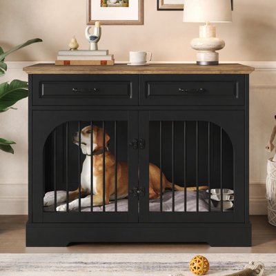 Farmhouse Dog Crate Furniture, Wooden Dog Kennel with 2 Storage Drawers and Rotating Food Bowls, Secure Metal Bar Crate for Large & Medium Dogs, Indoor Dog Crate Side Table