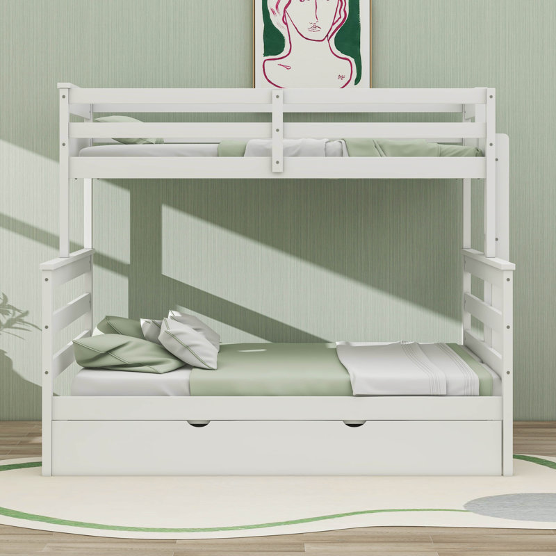 Twin XL Over Queen Bunk Bed With Trundle,  Solid Wood Bunk Bed With Ladder, White