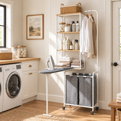 Station de lavage sur roulettes avec planche à repasser pliable, chariot trieur de linge avec 2 sacs lavables amovibles, tringle à vêtements
