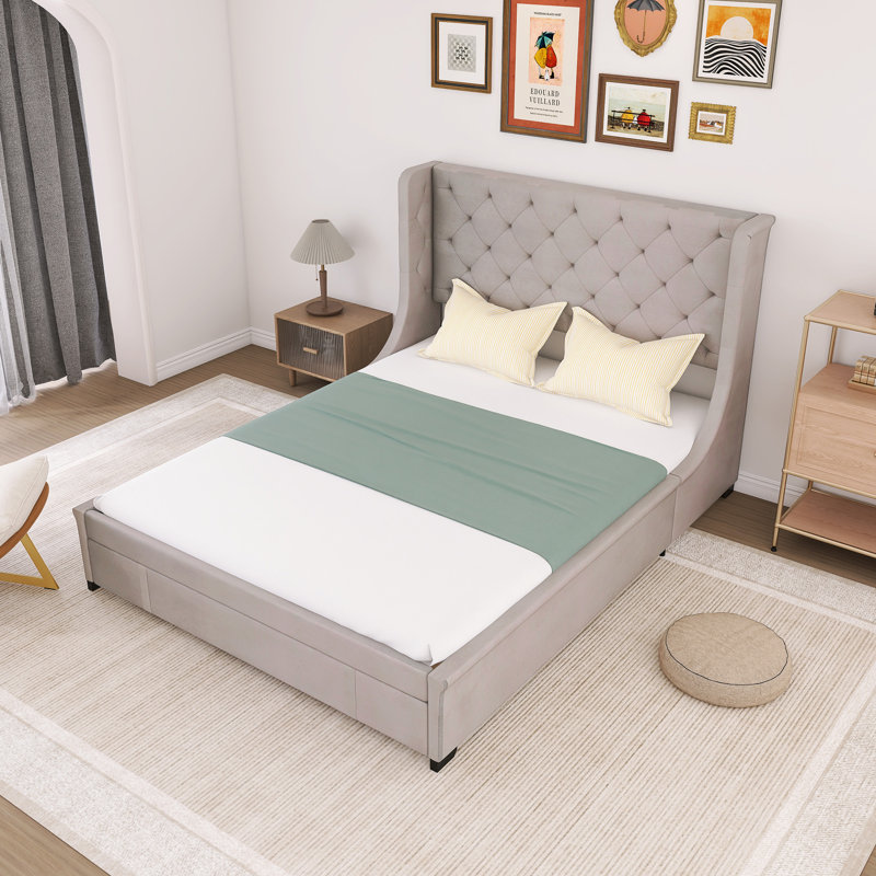 Grand lit avec rangement et grand tiroir, Gris