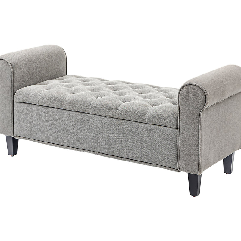 Gray Velvet 50" Storage Bench With Rolled Arms And Wood Legs. For Bedroom, Living Room, Entryway. Concealed Space. Comfortable Seating. 264 Lbs Capacity. Assembly Required In Velvet. End Of Bed Arms.