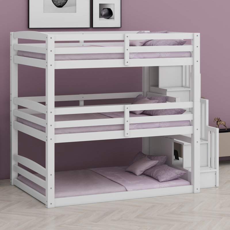 Triple Loft Bed With Integrated Storage Steps And Modular Configuration, White
