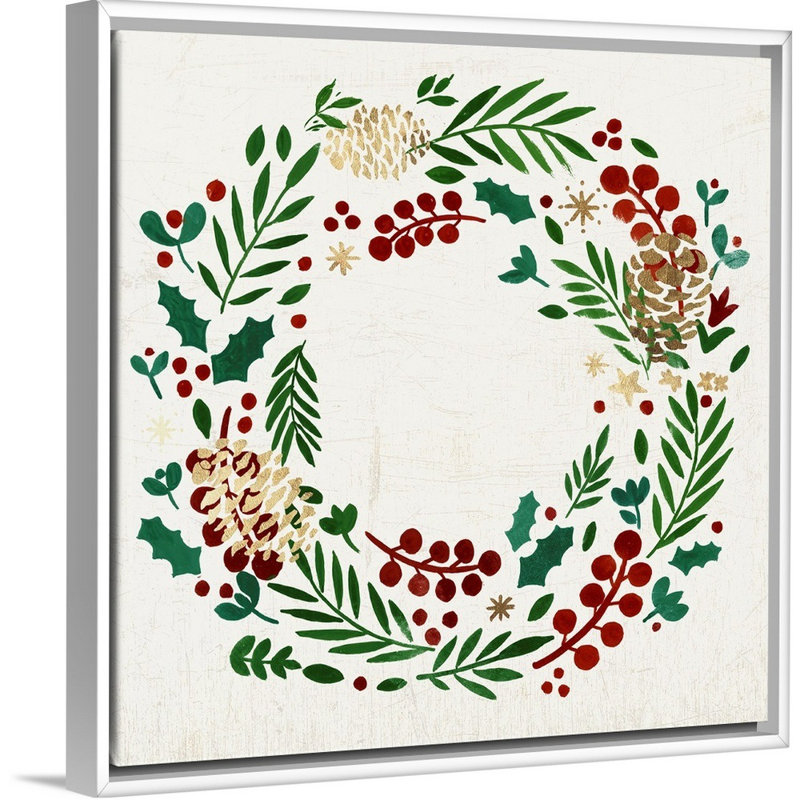 Couronne avec pommes de pin-reproduction d’art sur toile, H 14 po x l 14 po x P 1,75 po, Cadre blanc