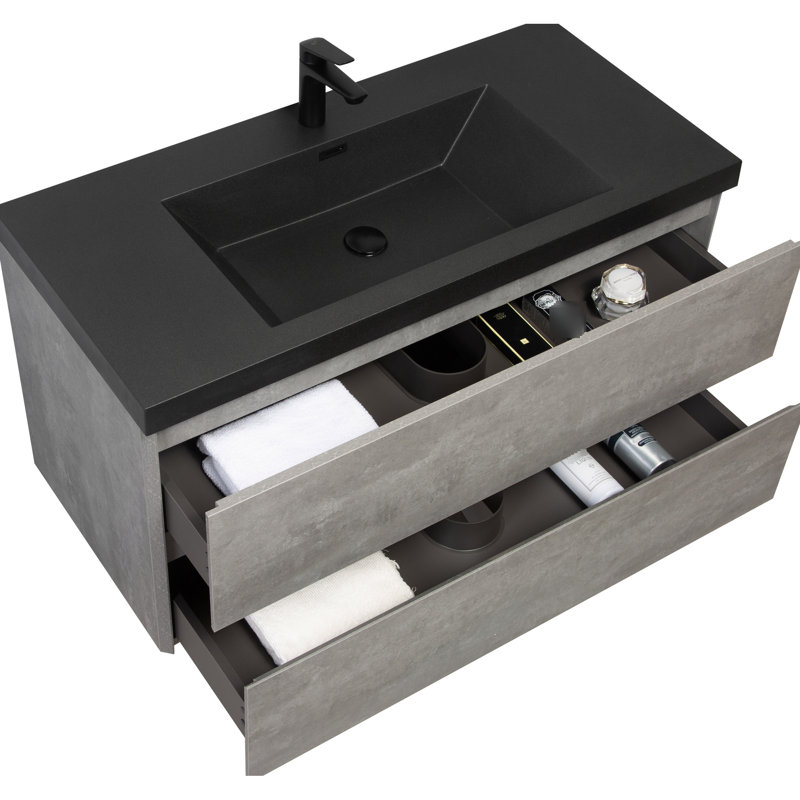 Modern 42" Bathroom Vanity Sink, Grey Cabinet. Quartz Sand Basin And Convenient Soft Close Feature In With Storage. Easy Drawers