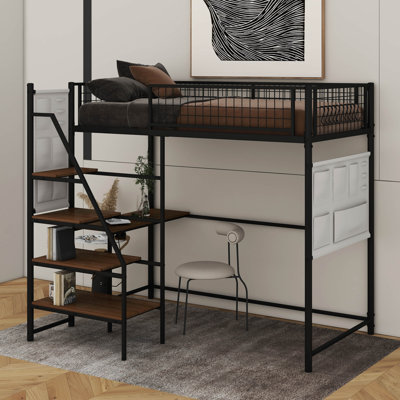 Twin Size Loft Metal Bed With Built-In Charging Station And LED Light by Latitude Run